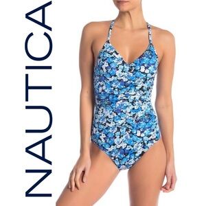 Nautica Womens Marina Blue Floral Shirred One Piece Swimsuit Size Medium